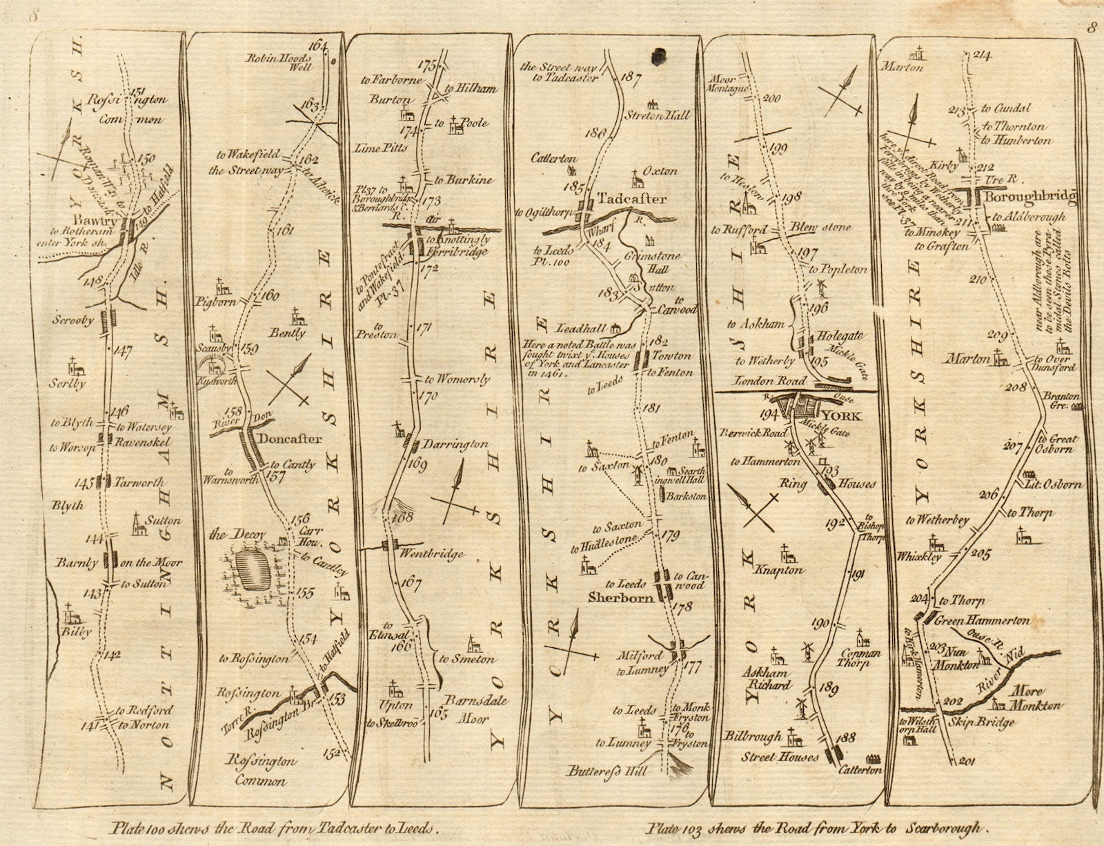 Doncaster Ferrybridge Tadcaster York Boroughbridge. KITCHIN road map 1767